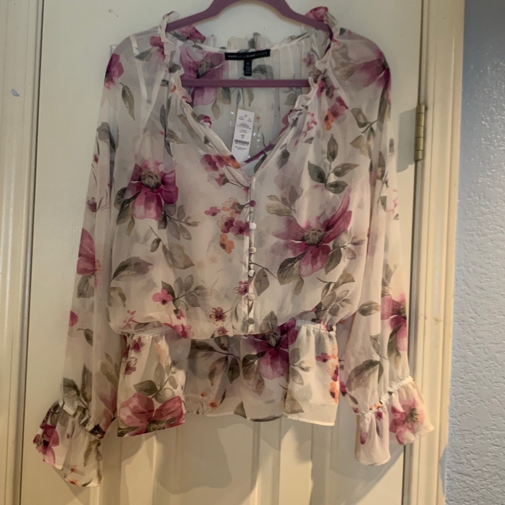 White House Black Market Sheer Floral Peasant Blouse in White and Pink